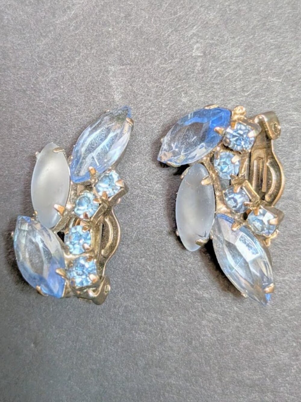 Vintage Blue Rhinestone Frosted Glass Clip On Earrings Mid Century